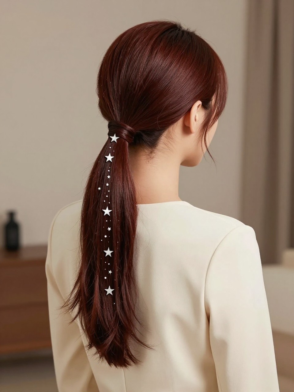 Image Prompt:
A realistic back-view editorial beauty photo of a woman with long dark auburn hair styled into a sleek low ponytail, a vertical line of four tiny silver star clips placed above the ponytail to create a falling-star effect, soft shine through the hair, fitted cream blouse, softly lit modern interior background, elegant creative hairstyle inspiration, high-resolution DSLR photography, no text, (no watermarks on images)