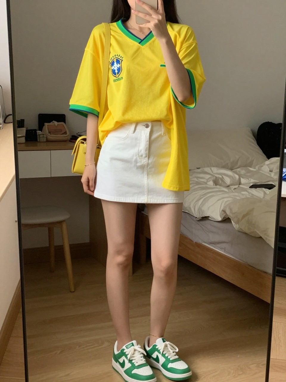 mirror selfie of a woman wearing an oversized yellow Brazil soccer jersey, white denim mini skirt, green and white sneakers, yellow mini shoulder bag, and simple gold anklet, clearly showing the same clothing items, colors, fabrics, and accessories listed in the Outfit Pieces section, holding a phone in front of a mirror, cropped at NECK so the face does not show, with a relaxed casual selfie pose, in a cozy bedroom mirror setup, warm moody lighting, including soft pillows on an unmade bed and a cosmetic bag on the counter, latest iPhone photo quality.