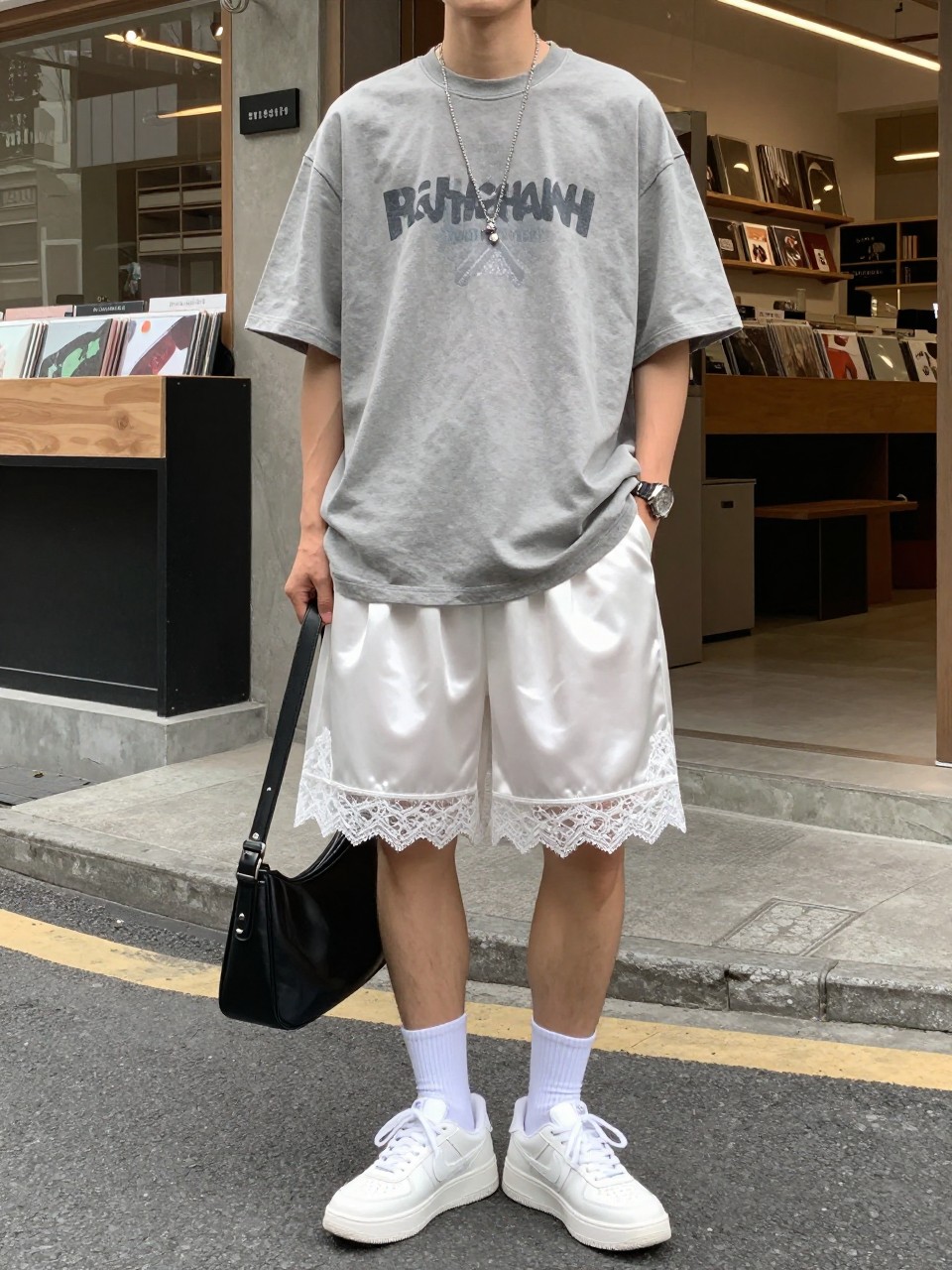 Image Prompt:
A trendy casual outfit featuring white satin lace shorts styled with an oversized faded grey graphic tee, white crew socks, chunky white sneakers, and a black mini shoulder bag. The setting is an urban street with a record store or cool corner shop in the background, casual streetwear feel, natural daylight, full outfit view, realistic satin shorts and lace trim, no text, no watermark.