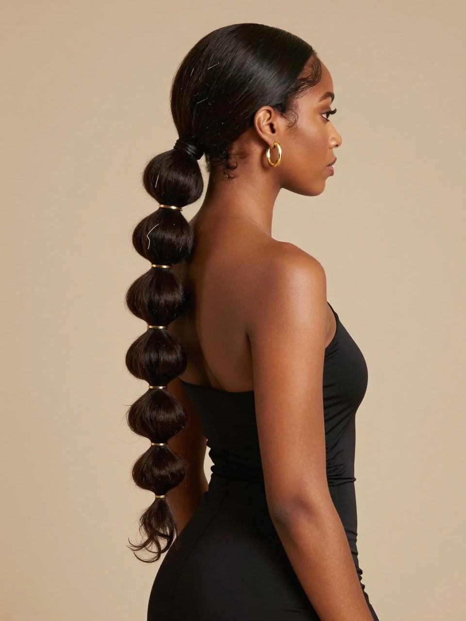 Image Prompt:
A realistic fashion hairstyle photo of a black woman with long relaxed hair styled into a low bubble ponytail, each bubble section softly shaped and accented with slim gold French clips along the ponytail, smooth side part, warm brown skin, statement earrings, fitted black dress, warm studio lighting, creative modern ponytail inspiration, high-resolution DSLR style, no text, (no watermarks on images)