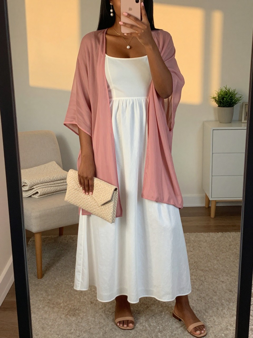 mirror selfie of a Black woman wearing a rose pink sheer poncho layered over a white sleeveless cotton maxi dress, nude flat sandals, cream woven clutch, and pearl drop earrings, clearly showing the same clothing items, colors, fabrics, and accessories listed in the Outfit Pieces section, holding a phone in front of a mirror, cropped at NECK so the face does not show, with a relaxed casual selfie pose, in a feminine-themed bedroom, evening golden hour, including a folded blanket on a chair and a small plant on a dresser, latest iPhone photo quality.