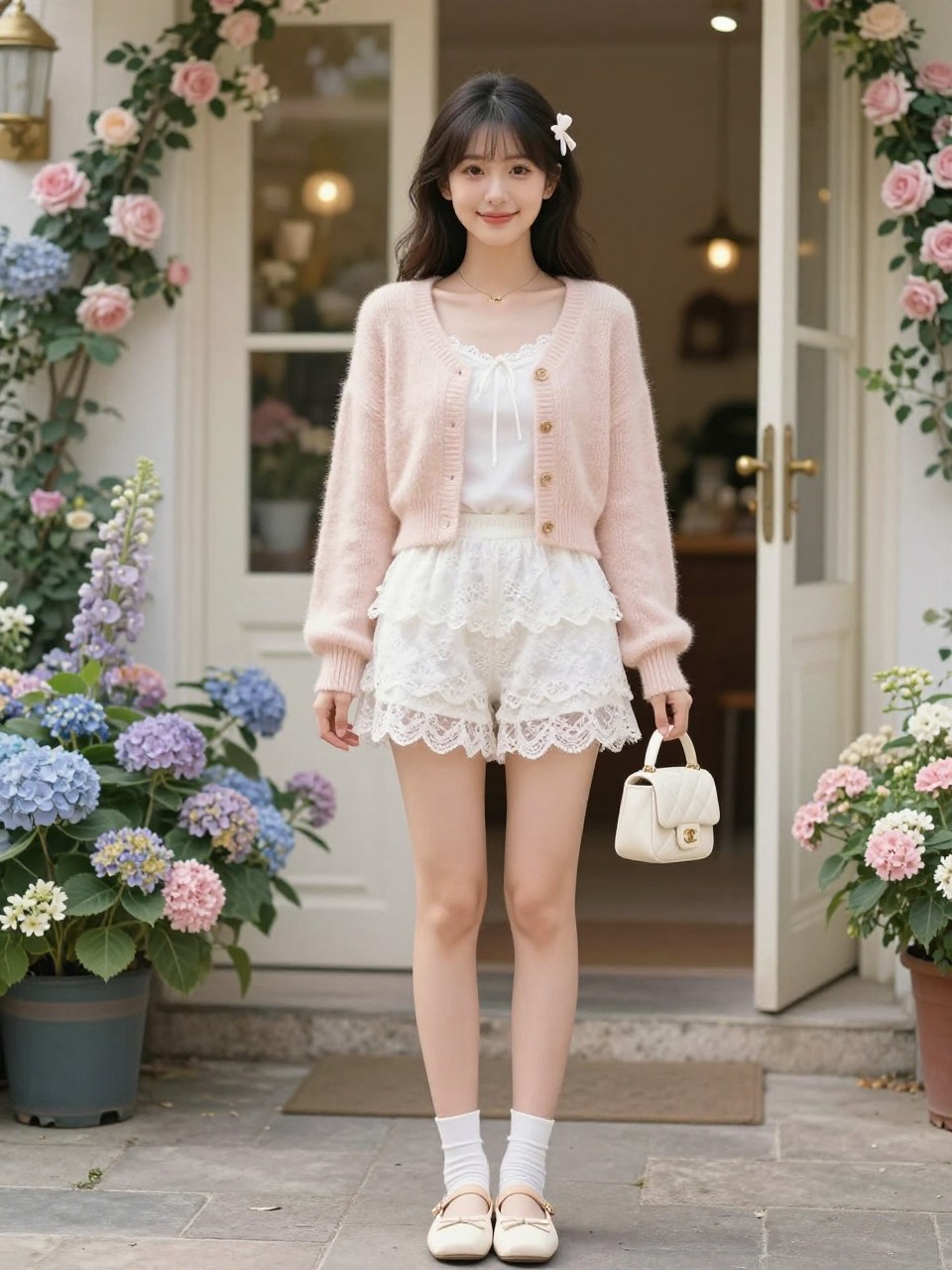 Image Prompt:
A sweet feminine outfit showing white lace shorts paired with a soft blush cropped cardigan, cream ballet flats, a mini quilted bag, and a delicate hair bow. The setting is a flower-lined street or charming boutique entrance with soft daylight, pretty romantic styling, full outfit visible, realistic lace and knit textures, no text, no watermark on images.