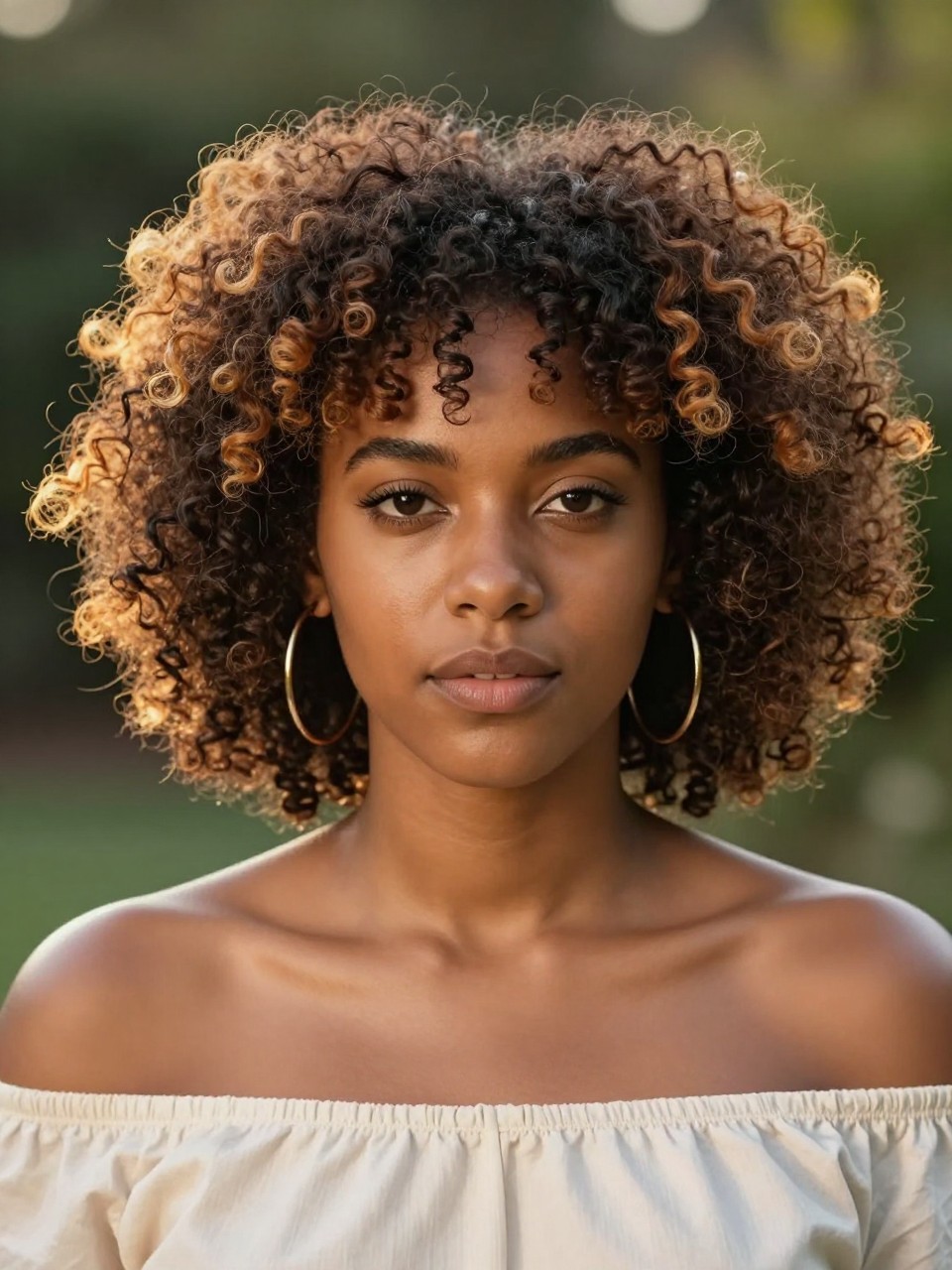 A realistic editorial portrait of a Black woman with medium-dark skin and medium-length kinky curly hair, dark brown natural base, golden ginger halo color placed around the full front hairline, crown-edge curls, and soft nape curls, warm ginger pieces scattered only along the outer frame, natural roots, fluffy defined texture, slight frizz, cream off-shoulder top, gold hoops, blurred greenery background, golden-hour light, realistic hair and skin texture.