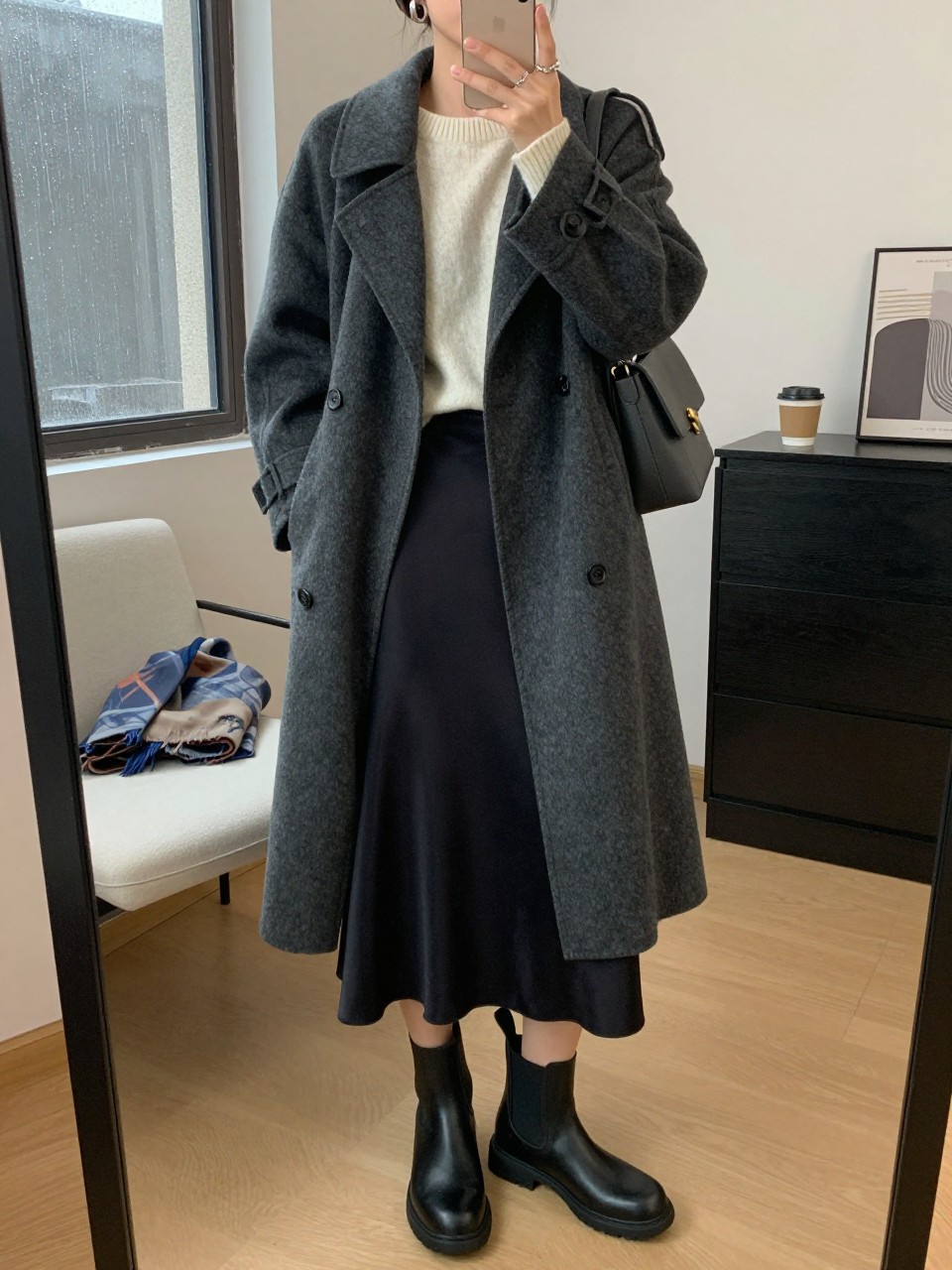 mirror selfie of a woman wearing the exact outfit described above, clearly showing a charcoal water-resistant car coat layered over an ivory cashmere sweater, black satin midi slip skirt, black rubber Chelsea boots, a charcoal shoulder bag, and silver hoop earrings, holding a phone in front of a mirror, cropped at NECK so the face does not show, with a relaxed casual selfie pose, in a cozy apartment mirror setup, soft gray rainy window light, with a folded scarf on a chair and a coffee cup on a dresser, latest iPhone photo quality.