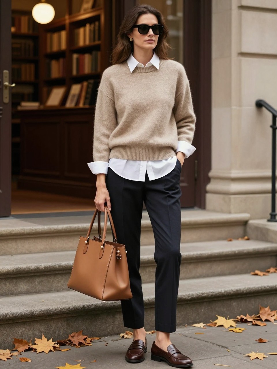 Image Prompt:
A polished old money autumn outfit featuring a woman wearing a beige cashmere crewneck sweater layered over a crisp white button-down shirt, with the collar and cuffs showing, paired with dark tailored trousers, brown leather loafers, a structured tan tote, pearl studs, and black sunglasses. She is standing outside a classic library with stone steps, warm indoor lights, and fallen autumn leaves. Realistic DSLR editorial fashion photo, smart preppy fall styling, refined neutral palette, no text, no watermark.