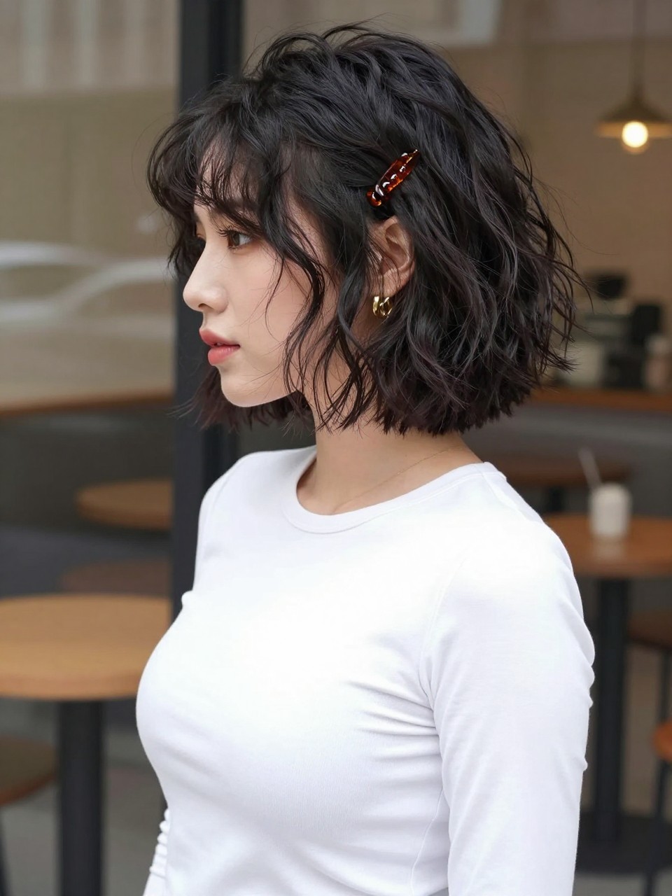 Image Prompt:
A realistic fashion beauty photo of a woman with short wavy black bob hair styled with a deep side part and one side swept back using a small amber claw clip, messy soft waves, lightly tousled texture, gold earrings, fitted white top, modern café background, natural daylight, chic short hairstyle inspiration, high-resolution DSLR photo, no text, (no watermarks on images)