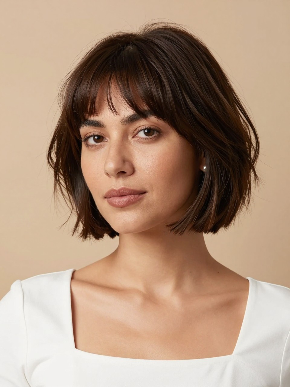 A realistic editorial portrait of a woman with light-medium skin wearing a razored mini bob with uneven baby fringe, deep mocha brown hair, short bob ending just below the chin, messy baby fringe cut in soft jagged pieces above the brows, razored ends around the jawline, subtle bend through the sides, natural texture, tiny pearl earrings, white square-neck top, photographed against a warm beige studio wall with soft shadows, realistic hair strands, natural skin texture, clean modern short haircut photo.