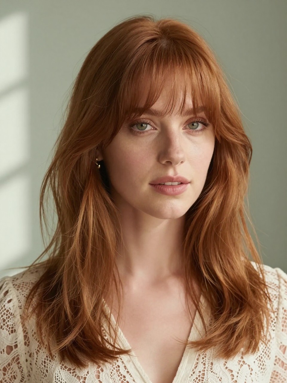 A realistic beauty portrait of a woman with fair skin wearing soft ginger waves with French wispy bangs, warm natural ginger hair, light airy fringe grazing the brows with feathered ends, longer side pieces curving toward the cheekbones, medium-length hair falling past the shoulders in loose brushed waves, subtle shine, natural texture, cream lace blouse, tiny gold earrings, photographed against a soft sage green background with window light, realistic skin detail, natural flyaways, editorial hairstyle focus.