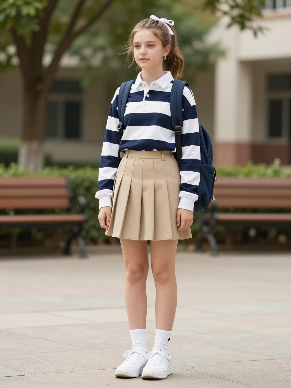 Image Prompt:
A cute old money school outfit showing a teen girl wearing a navy and white striped rugby shirt tucked into a beige pleated skirt, white sneakers, white crew socks, a navy canvas backpack, small gold hoops, and a loose braid tied with a white ribbon. She is standing in a bright school courtyard with benches, green trees, and soft daylight. Realistic editorial school fashion photo, full-body outfit, sporty preppy old money style, no text, no watermark.
