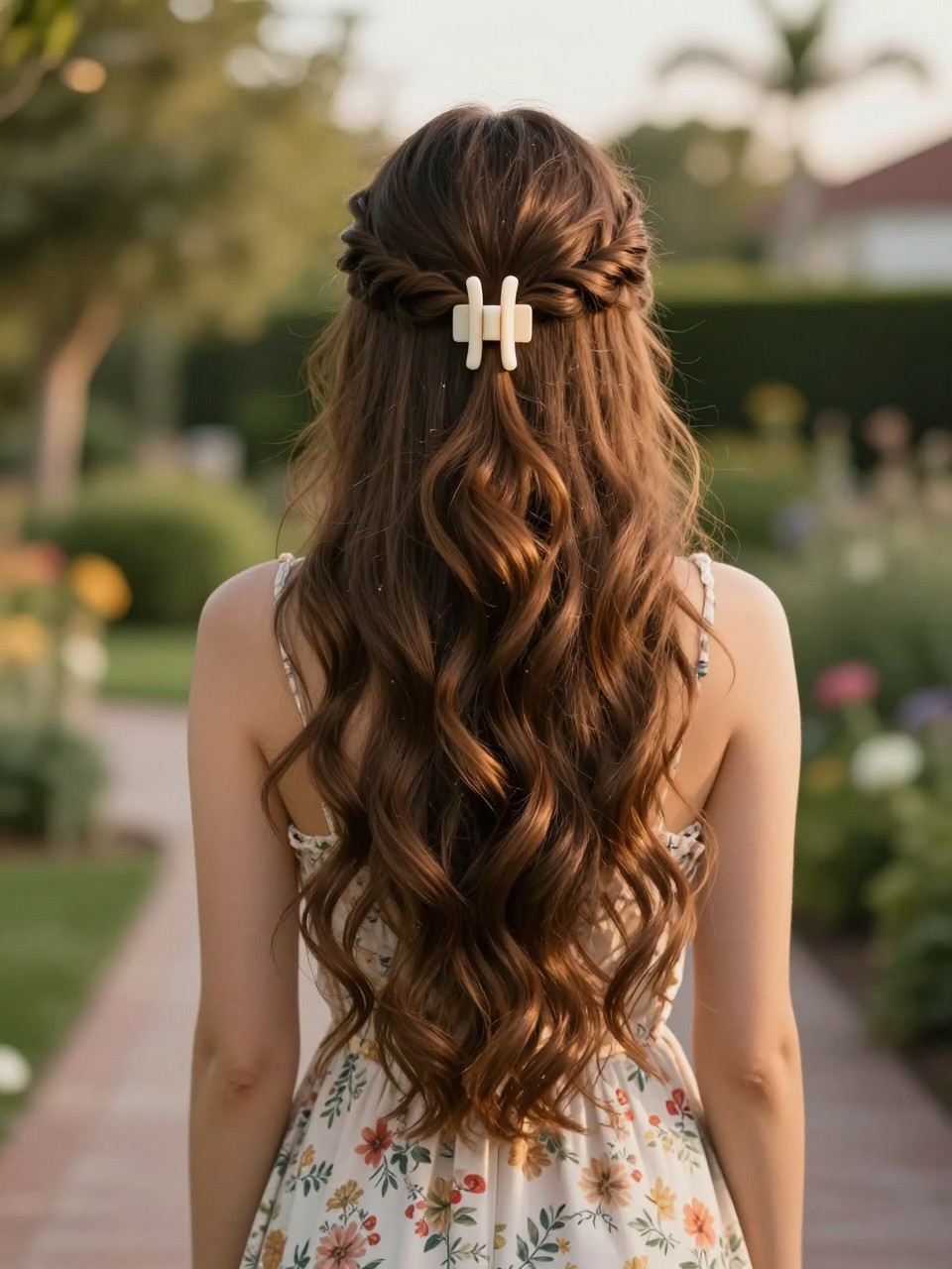Image Prompt:
A realistic back-view beauty photo of a woman with long caramel brown hair styled with two soft crown twists meeting at the back and secured with a wide ivory flat hair clip, loose glossy waves flowing down the back, floral midi dress, garden walkway background, golden hour light, romantic creative hairstyle inspiration, high-resolution DSLR photography, no text, (no watermarks on images)