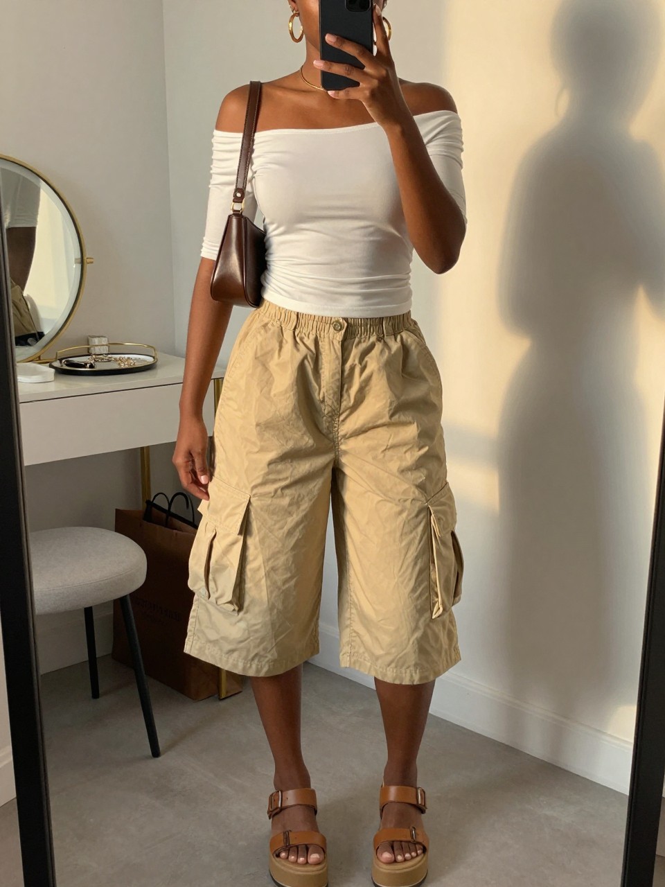 mirror selfie of a Black woman wearing sand-colored baggy cargo shorts, fitted white off-shoulder top, tan platform sandals, brown mini shoulder bag, and chunky gold hoop earrings, clearly showing the same clothing items, colors, fabrics, and accessories listed in the Outfit Pieces section, holding a phone in front of a mirror, cropped at NECK so the face does not show, with a relaxed casual selfie pose, in a fashion studio mirror corner, evening golden hour, including a jewelry tray on the vanity and shopping bags beside a chair, latest iPhone photo quality.