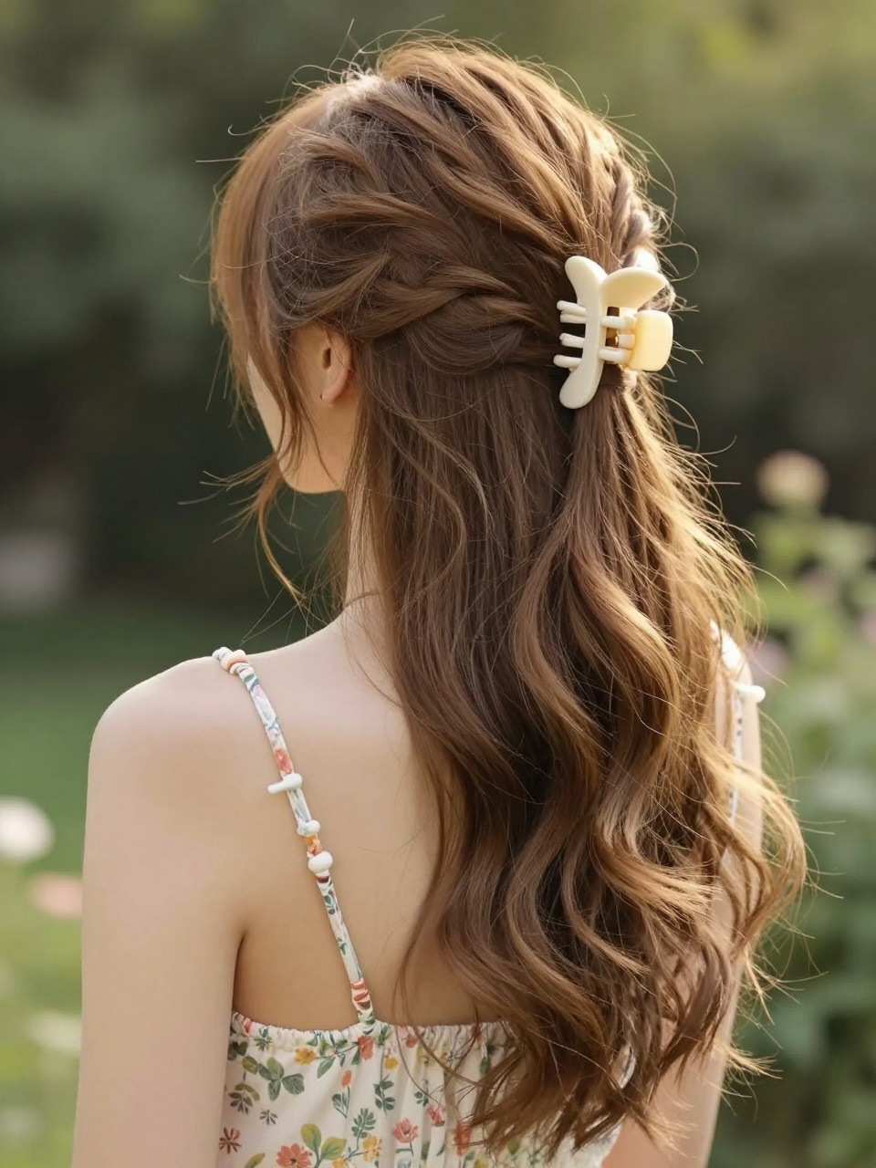 Image Prompt:
A realistic close-up back-view hairstyle photo of a woman with long light brown hair styled into a messy claw clip twist with one loose side braid worked into the style, large cream claw clip holding the twist, soft wavy ends, floral dress, outdoor garden setting, warm natural light, romantic creative hairstyle inspiration, DSLR quality, no text, (no watermarks on images)