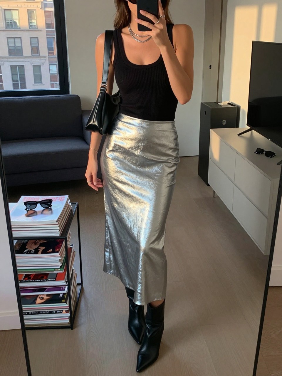 Outfit Image Prompt:
mirror selfie of a woman wearing a metallic silver midi skirt, black ribbed knit tank top, black pointed ankle boots, black leather shoulder bag, silver layered necklace, and slim black sunglasses, holding a phone in front of a mirror, cropped at NECK so the face does not show, relaxed edgy selfie pose, in a stylish city apartment, evening golden hour lighting, with a stack of fashion magazines on a side table and sunglasses placed on a dresser, realistic latest iPhone photo quality, NYC high fashion street outfit.