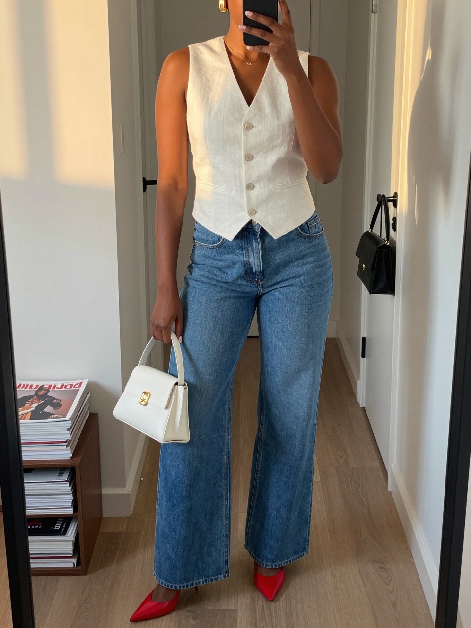 Outfit Image Prompt:
mirror selfie of a Black woman with deep brown skin wearing a white linen button-front vest, blue high-waisted wide-leg jeans, red pointed kitten heels, a small white structured bag, and gold statement earrings, clearly showing the exact outfit pieces listed, holding a phone in front of a mirror, cropped at NECK so the face does not show, relaxed casual selfie pose, in a stylish city apartment, evening golden hour lighting, with a stack of fashion magazines on a side table and a handbag hanging on a door handle, realistic latest iPhone photo quality, natural skin texture.