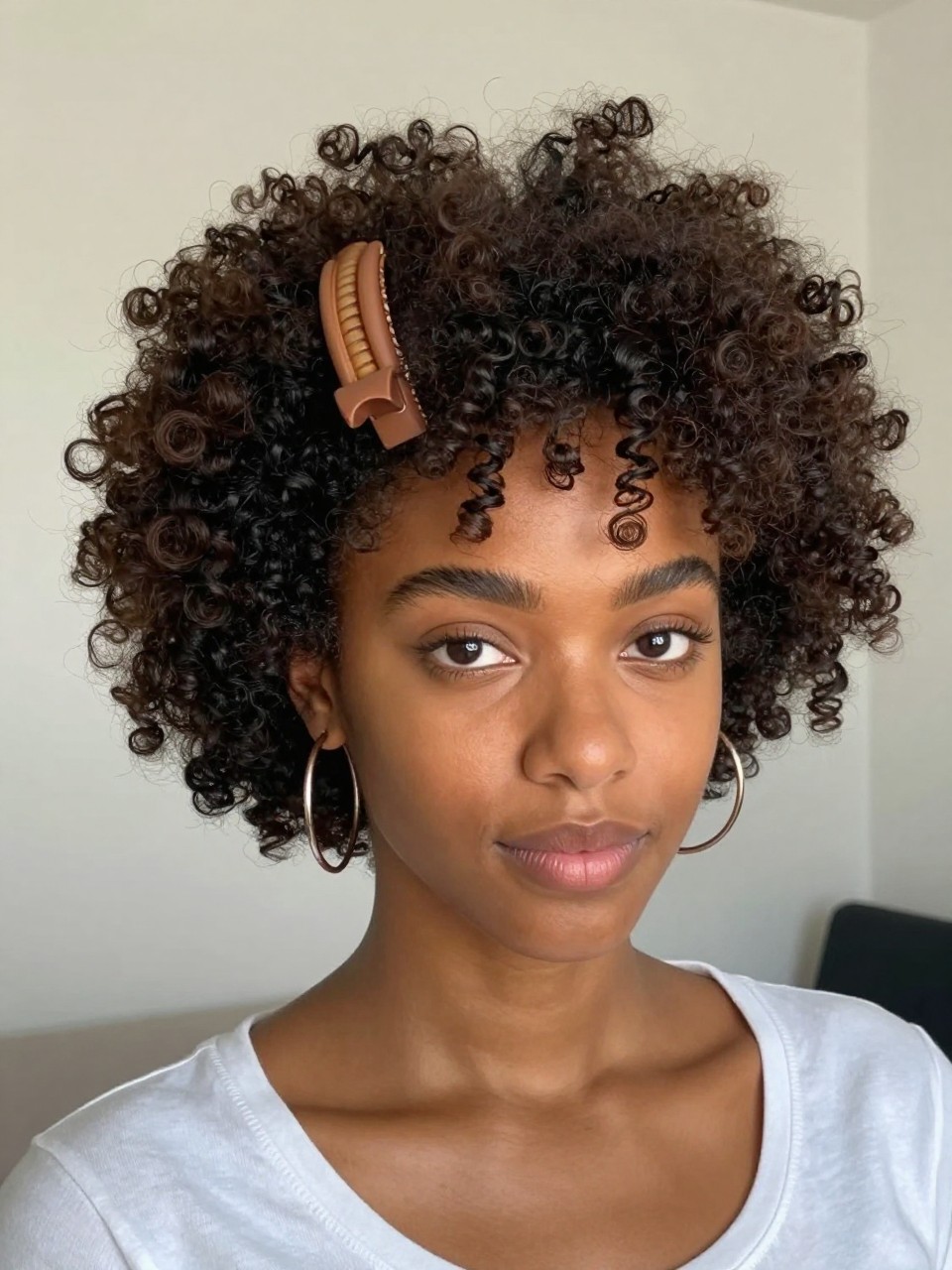 Image Prompt:
A realistic beauty portrait of a black woman with coily curly hair styled into a banana clip puff, hair gathered upward and secured with a matte brown banana clip, full rounded puff shape, defined texture, soft laid edges, warm brown skin, hoop earrings, casual white top, bright natural light, clean indoor background, natural hair inspiration, high-resolution DSLR photo, no text, (no watermarks on images)
