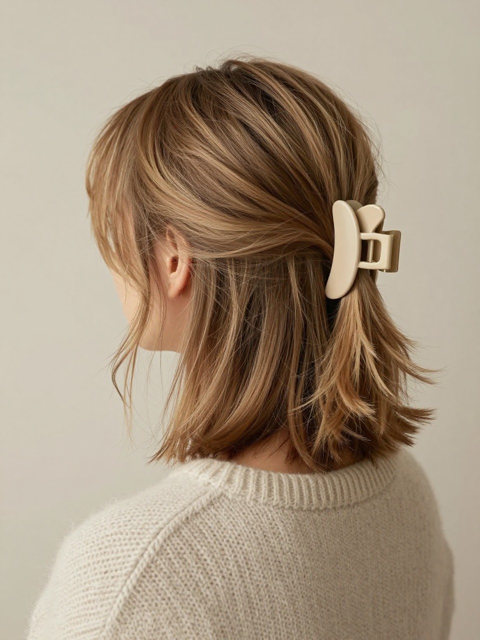 Image Prompt:
A realistic back-view hairstyle photo of a woman with medium-length dark blonde hair styled with the ends tucked under and secured with a wide matte beige French clip, creating a faux short bob shape, soft volume at the crown, loose strands around the face, cozy knit sweater, warm indoor light, creative elegant hairstyle inspiration, high-resolution DSLR photo, no text, (no watermarks on images)