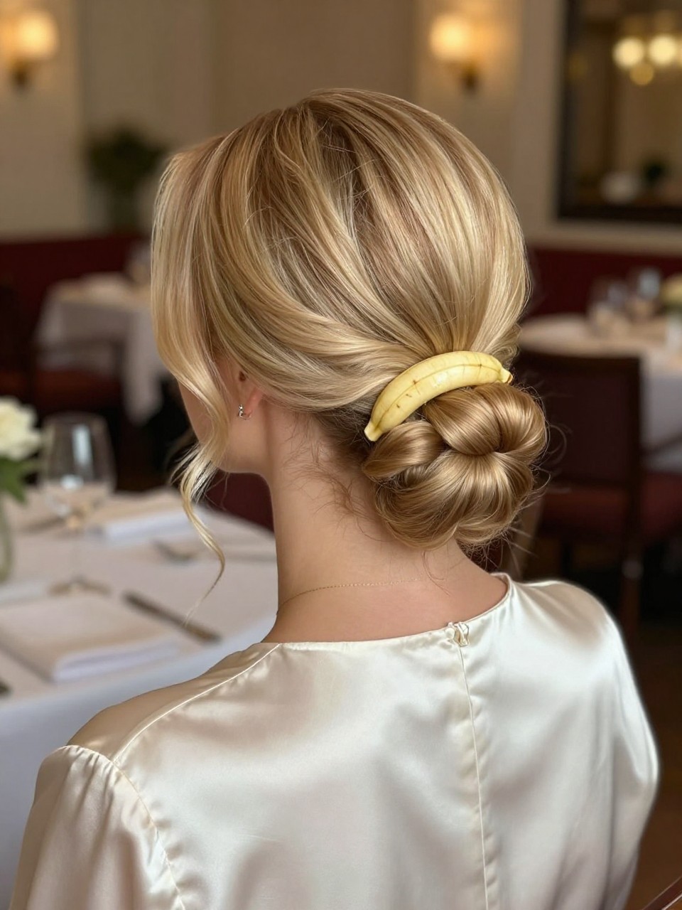 Image Prompt:
A realistic elegant hairstyle photo of a woman with medium-length sandy blonde hair styled into a low chignon secured with a champagne banana clip, smooth crown, soft curled tendrils at the cheeks, satin ivory blouse, refined restaurant-style background, warm indoor lighting, polished feminine hairstyle inspiration, high-resolution DSLR photo, no text, (no watermarks on images)