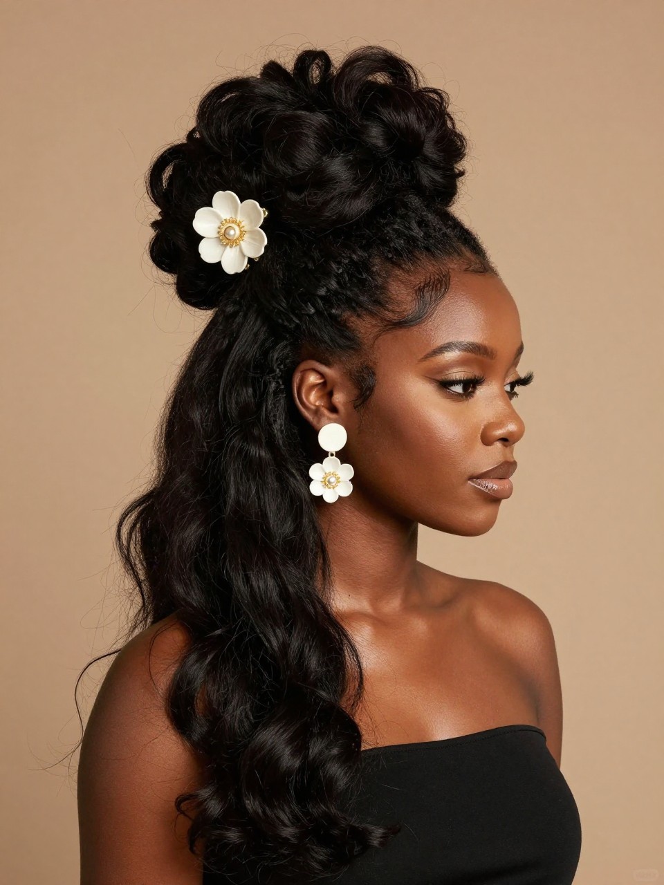Image Prompt:
A realistic editorial beauty photo of a black woman with long thick textured hair styled into a big voluminous updo secured with an oversized ivory flower claw clip, soft volume at the crown, textured pieces spilling beautifully upward, statement earrings, warm studio lighting, simple black dress, bold feminine hairstyle inspiration, high-resolution DSLR photography, no text, (no watermarks on images)