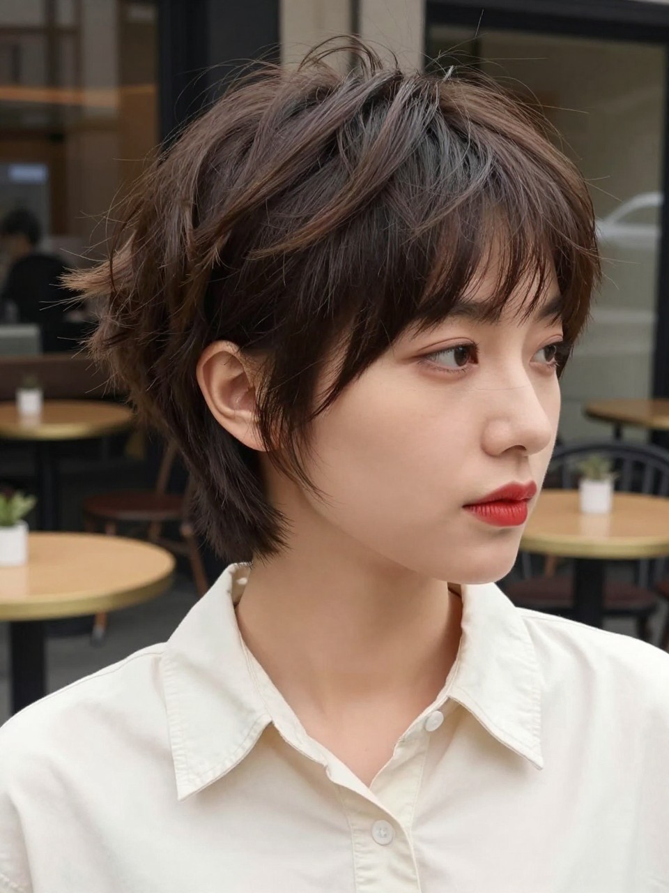 A realistic portrait of a woman with light olive skin wearing a tousled French-inspired mixie pixie mullet, soft dark brunette hair, short baby bangs with a slightly uneven edge, relaxed crown texture, narrow side pieces tucked near the ears, longer soft back layers at the nape, natural airy finish, red lipstick, simple cream button-up shirt, photographed outside a small cafe with blurred tables in the background, soft morning light, realistic flyaways, editorial street-style portrait, natural skin texture.