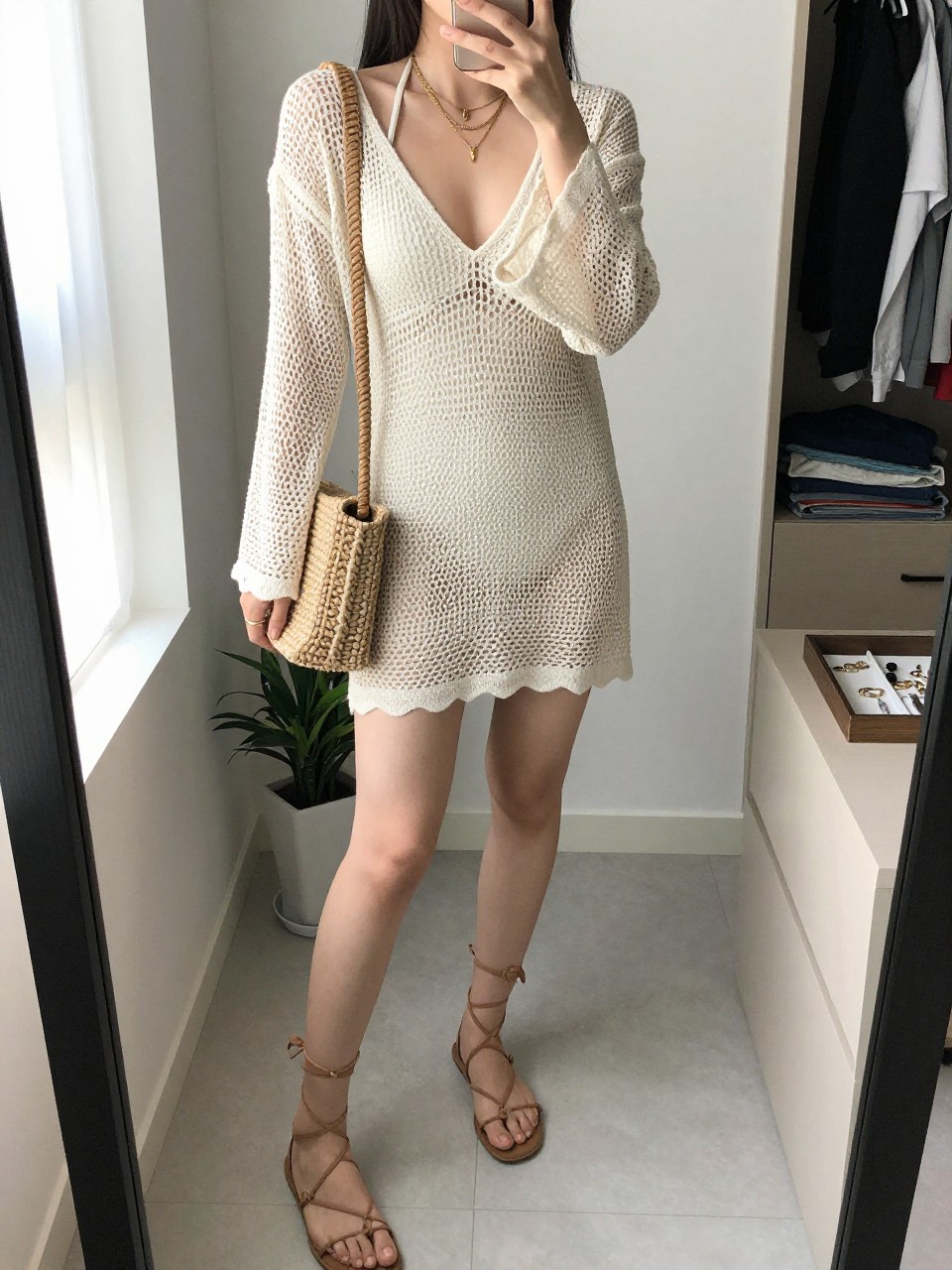 mirror selfie of a woman wearing an ivory crochet cover-up dress over an ivory one-piece swimsuit, tan lace-up flat sandals, raffia mini shoulder bag, and gold layered necklaces, clearly showing the same clothing items, colors, fabrics, and accessories listed in the Outfit Pieces section, holding a phone in front of a mirror, cropped at NECK so the face does not show, with a relaxed casual selfie pose, in a walk-in closet mirror, natural window light, including a small plant on a dresser and a jewelry tray on the vanity, latest iPhone photo quality.