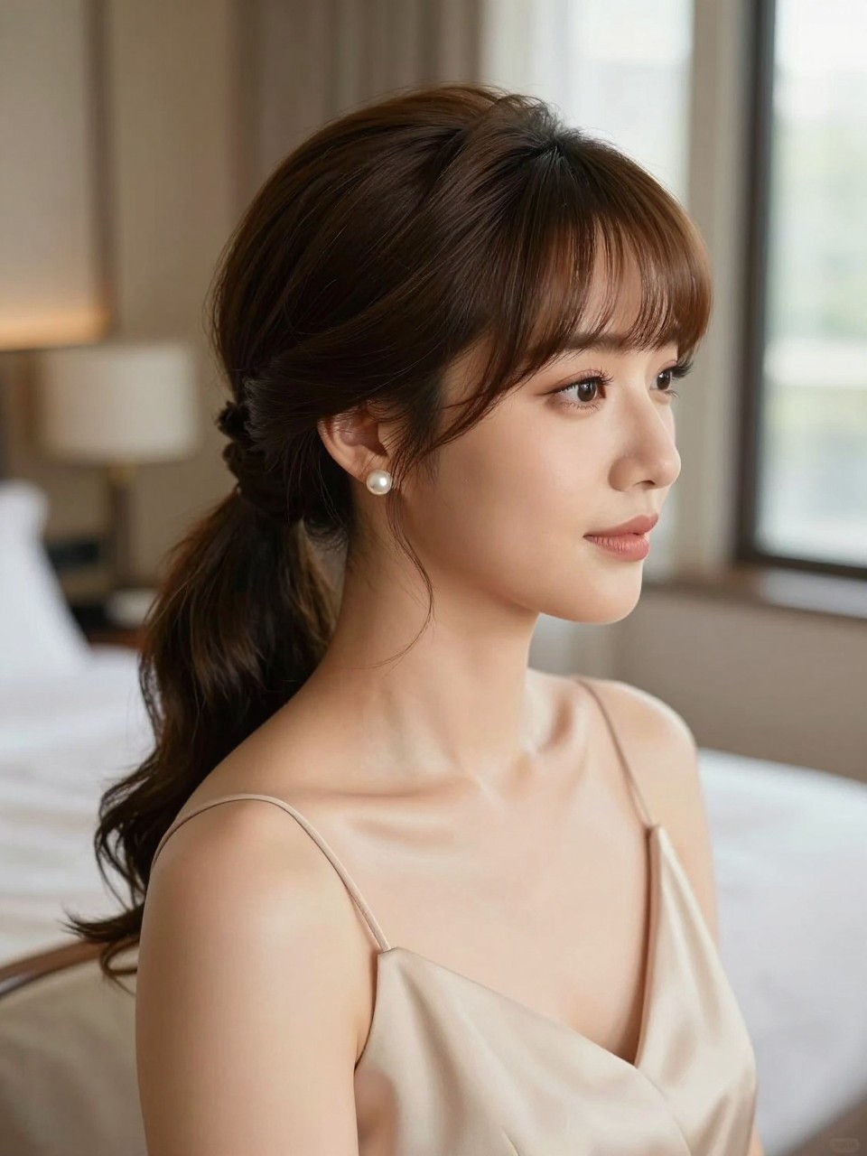 Image Prompt:
A realistic beauty photo of a woman with medium-length brunette hair and curtain bangs styled into a soft low ponytail, bangs parted gently and framing the face, loose bends through the ponytail, softly wrapped base, champagne slip dress, pearl earrings, warm bedroom getting-ready setting before a wedding, natural window light, feminine wedding guest hairstyle inspiration, high-resolution DSLR style, no text, (no watermarks on images)