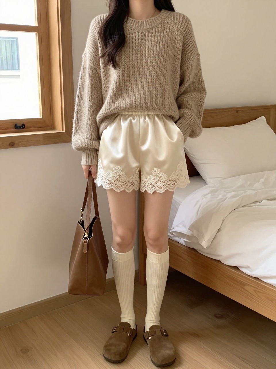 Image Prompt:
A cozy fall-inspired outfit of a woman wearing ivory satin lace shorts with an oversized oatmeal chunky knit sweater, knee-high cream socks, brown suede clogs, and a soft brown shoulder bag. The setting is a warm neutral bedroom or cozy cafe corner, natural window light, relaxed fashion editorial style, full outfit visible, realistic knit and satin contrast, no text, no watermark.