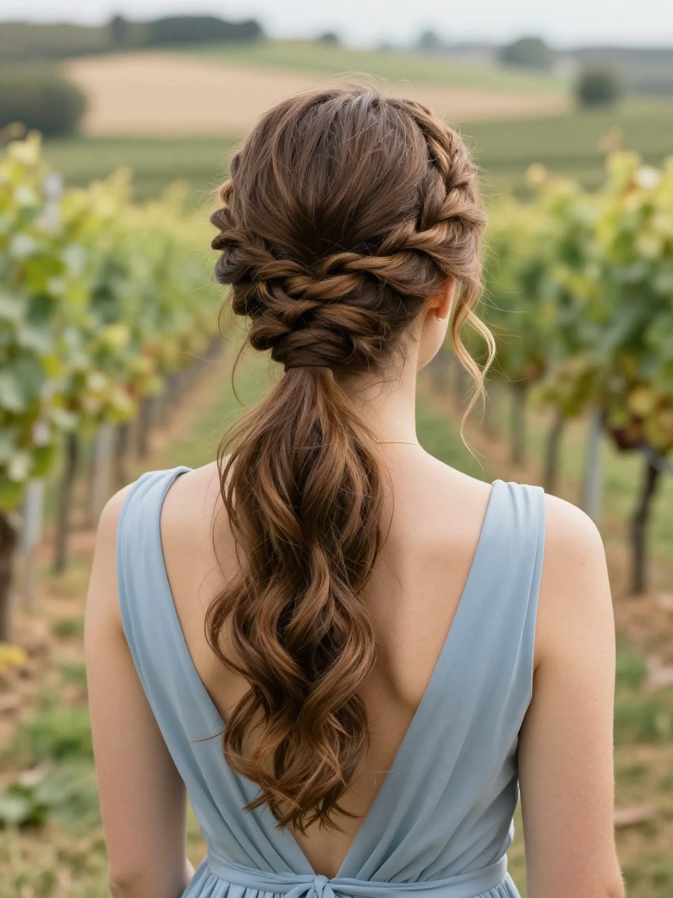 Image Prompt:
A realistic back-view beauty photo of a woman with long caramel brown hair styled into a braided crown updo for a wedding guest look, two soft braids wrapped into a low bun shape, loose wispy strands around the temples, dusty blue formal dress, vineyard wedding background, warm natural daylight, romantic creative updo inspiration, high-resolution DSLR photo, no text, (no watermarks on images)