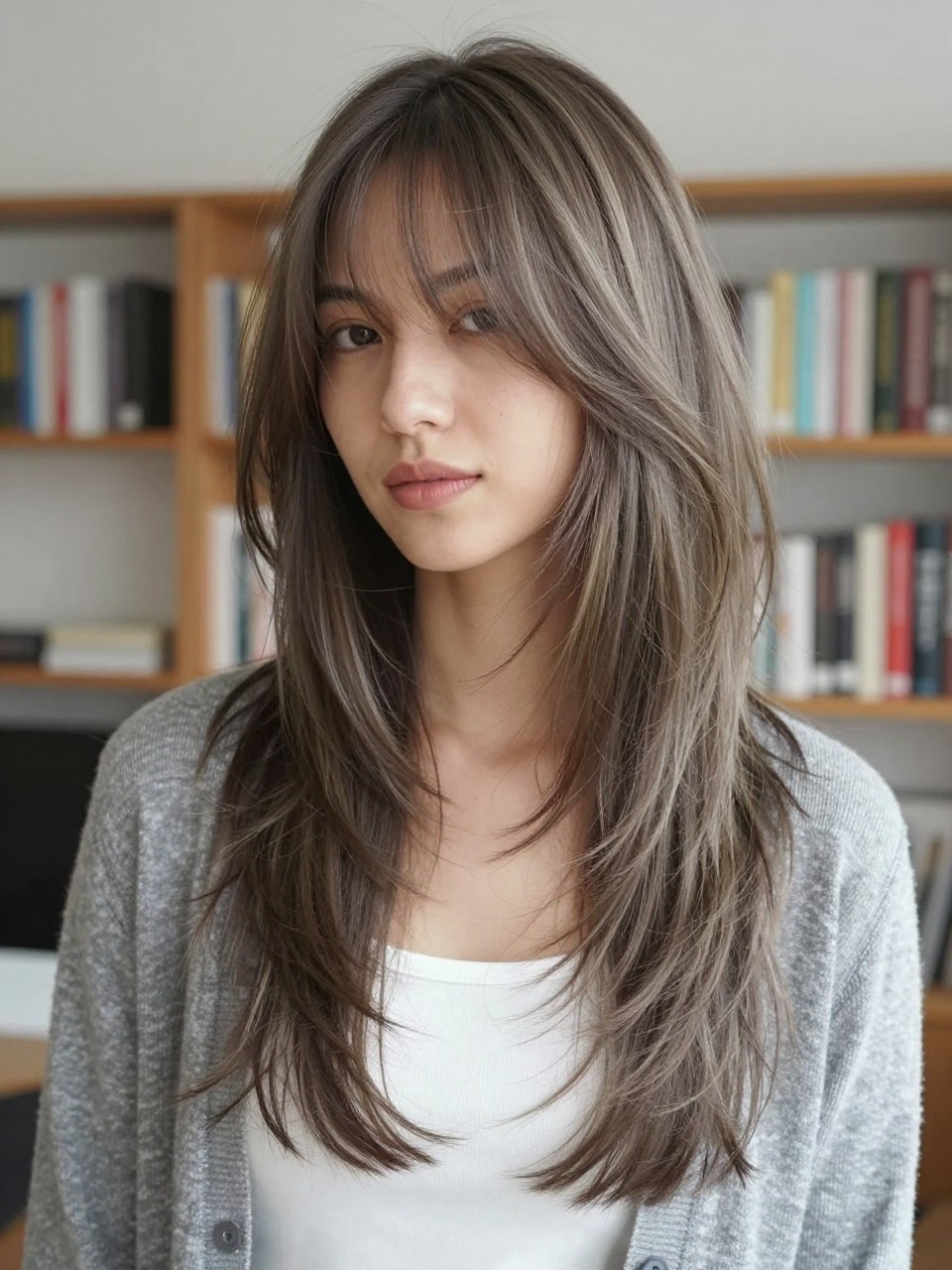 A realistic editorial portrait of a woman with fair skin wearing long soft wolf layers with French wispy bangs, ash brunette hair with muted beige highlights, airy fringe spread lightly across the forehead, cheekbone-length side pieces, long layered hair with soft shaggy movement, slightly flipped ends, natural root lift, matte texture, gray cardigan over a white tank top, photographed in a cozy apartment with blurred bookshelves behind her, soft daylight, realistic flyaways, natural skin texture, relaxed modern beauty photo.