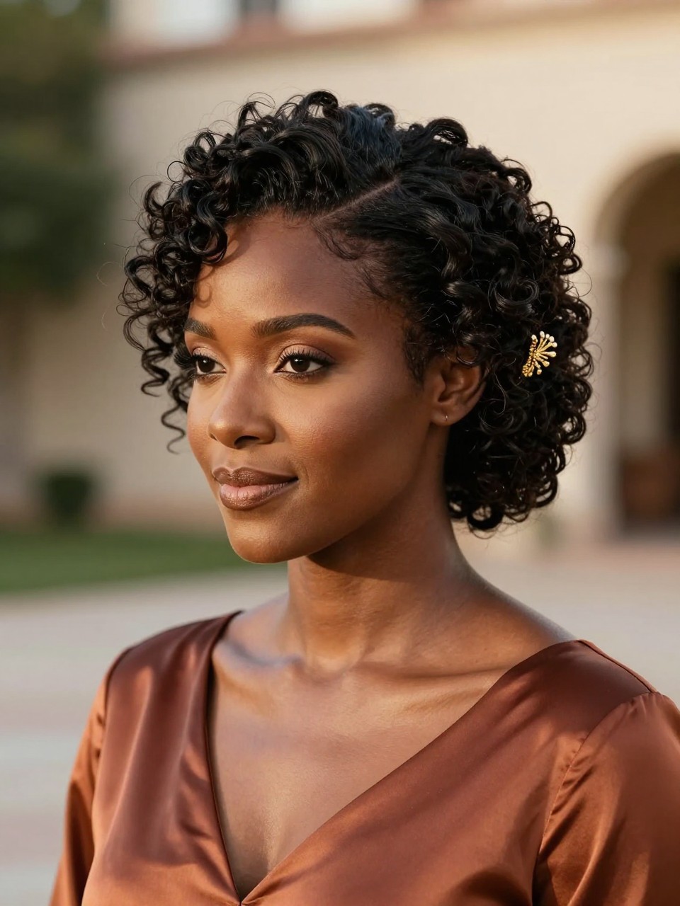 Image Prompt:
A realistic portrait photo of a black woman with medium-long natural curly hair styled into a textured updo for a wedding guest look, curls gathered upward and softly pinned, defined curly tendrils framing the face, gold hair accessory near the back, warm brown skin, terracotta satin dress, outdoor courtyard wedding setting, golden hour lighting, elegant natural hair inspiration, high-resolution DSLR photo, no text, (no watermarks on images)