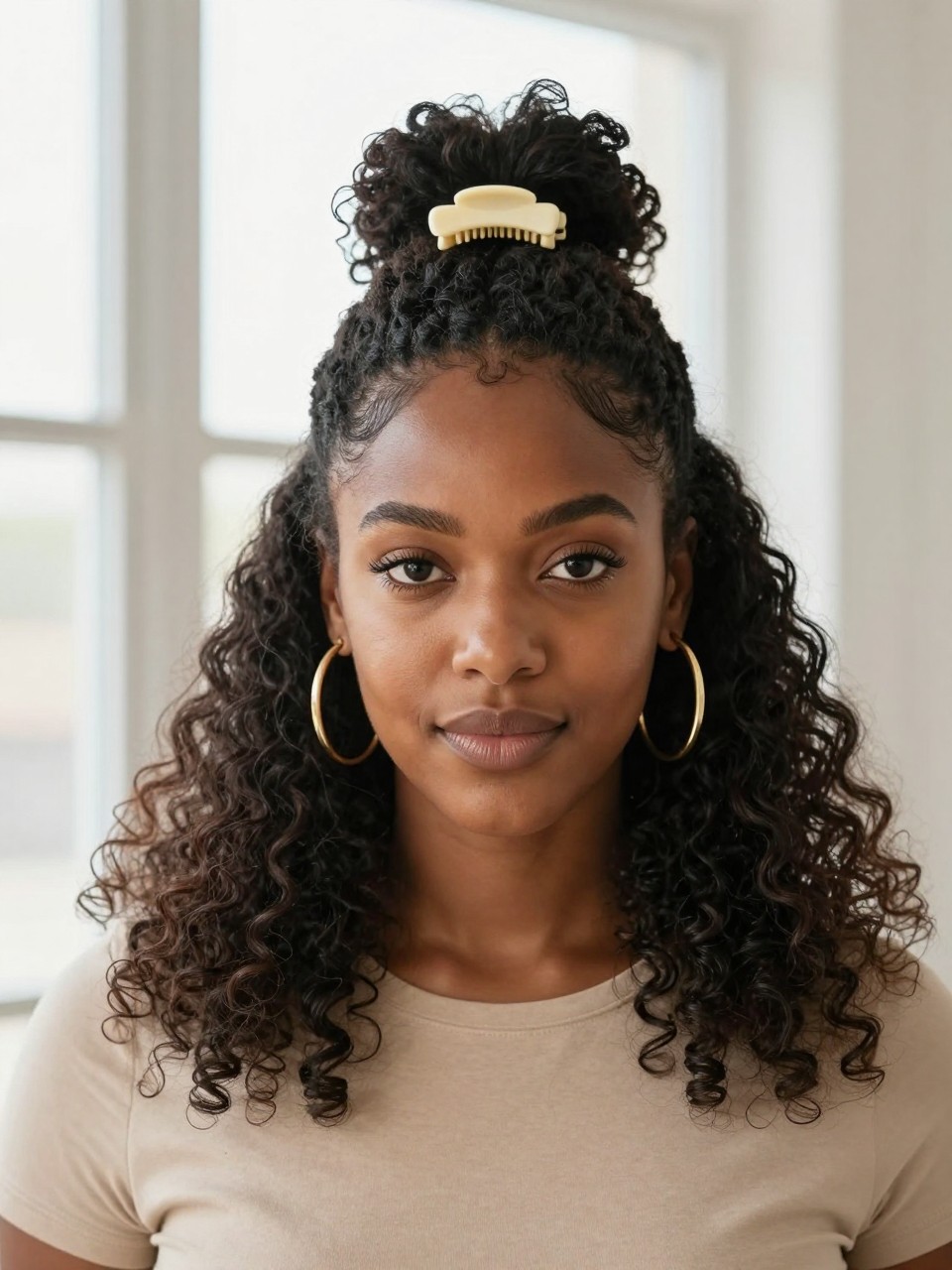Image Prompt:
A realistic beauty portrait of a black woman with medium-long coily natural hair styled half up half down with a matte cream claw clip, top coils gathered high and clipped at the crown, lower coils full and rounded around the shoulders, defined texture, soft edges, gold hoops, warm beige top, bright natural window light, clean beauty editorial background, high-resolution DSLR photo, no text, (no watermarks on images)