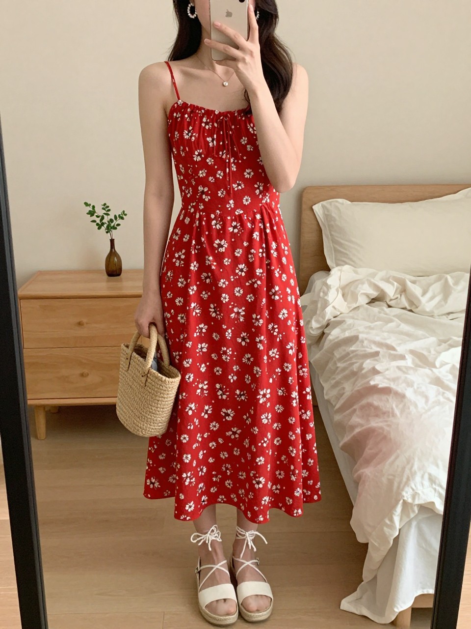 Outfit Image Prompt:
mirror selfie of a woman wearing a red floral cotton sundress, white lace-up espadrille sandals, a small straw handbag, pearl hoop earrings, and soft loose waves cropped at neck, holding a phone in front of a mirror, cropped at NECK so the face does not show, relaxed casual selfie pose, in a feminine-themed bedroom, soft indoor lighting, with soft pillows on an unmade bed and a small plant on a dresser, realistic latest iPhone photo quality, natural casual mirror selfie.