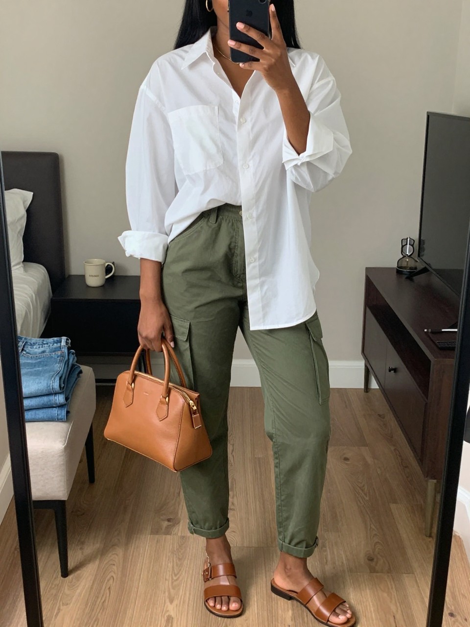 mirror selfie of a Black woman wearing olive green cargo pants, crisp white oversized button-down shirt with sleeves rolled, brown leather slide sandals, tan structured mini bag, and gold hoop earrings, clearly showing the same clothing items, colors, fabrics, and accessories listed in the Outfit Pieces section, holding a phone in front of a mirror, cropped at NECK so the face does not show, with a relaxed casual selfie pose, in a stylish city apartment, soft indoor lighting, including a coffee mug on a bedside table and folded denim jeans on a bench, latest iPhone photo quality.