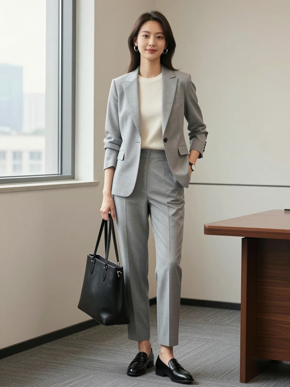 A refined old money work outfit featuring a woman wearing a light gray tailored suit with a cream fine-knit crewneck top underneath, black leather loafers, a structured black tote bag, silver hoop earrings, a slim watch, and sleek shoulder-length hair. She is standing near a boardroom window with city views, cream walls, and soft natural office light. Realistic editorial workwear photo, full-body professional styling, classy gray suit outfit, no text, no watermark.