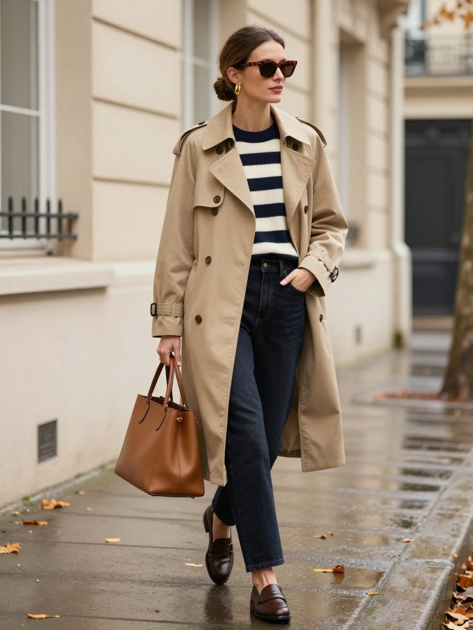 Image Prompt:
A stylish old money autumn outfit featuring a woman wearing a classic beige trench coat over a navy and cream striped sweater, dark straight-leg jeans, brown leather loafers, a structured tan tote, gold hoop earrings, and tortoiseshell sunglasses. She is walking on a rainy autumn sidewalk with fallen leaves, cream buildings, and soft overcast light. Realistic DSLR editorial street style photo, polished Parisian-inspired fall outfit, no text, no watermark.