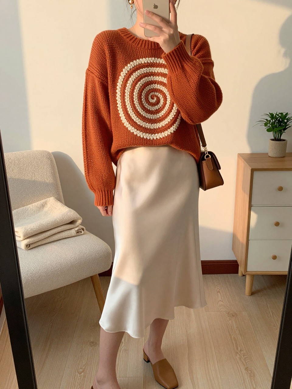 mirror selfie of a woman wearing a burnt orange spiral crochet sweater with cream swirl stitching, cream satin slip skirt, tan heeled mules, brown mini shoulder bag, and gold drop earrings, clearly showing the same clothing items, colors, fabrics, and accessories listed in the Outfit Pieces section, holding a phone in front of a mirror, cropped at NECK so the face does not show, with a relaxed casual selfie pose, in a feminine-themed bedroom, evening golden hour, including a folded blanket on a chair and a small plant on a dresser, latest iPhone photo quality.