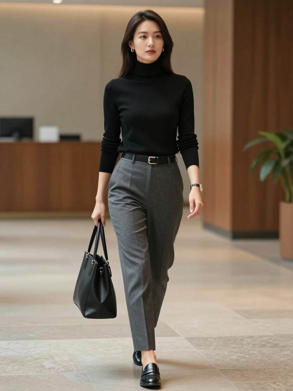 A classy old money work outfit showing a woman wearing a fitted black cashmere turtleneck tucked into high-waisted gray tailored trousers, black leather loafers, a slim black belt, a structured black tote bag, small gold earrings, a gold watch, and sleek straight hair. She is walking through a professional office lobby with stone floors, warm lighting, and a quiet refined atmosphere. Realistic DSLR fashion editorial photo, polished black and gray office outfit, no text, no watermark.
