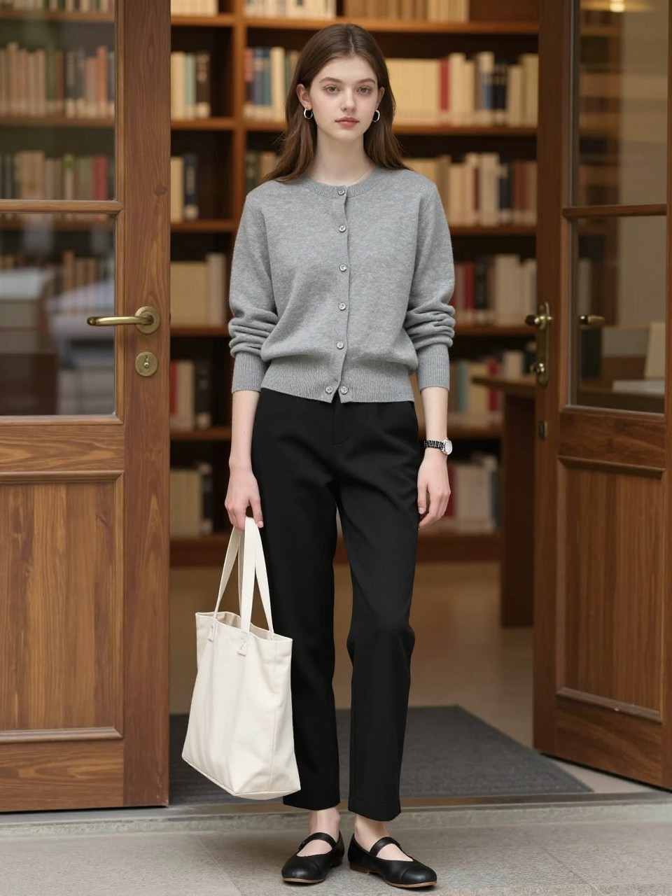Image Prompt:
A refined old money school outfit showing a teen girl wearing a soft gray cardigan buttoned as a top, black straight-leg trousers, black ballet flats, a cream canvas tote bag, small silver hoops, a delicate watch, and sleek shoulder-length hair. She is standing near a library entrance with bookshelves visible in the background, warm indoor lighting, and a calm academic mood. Realistic editorial fashion photo, full-body school outfit, classy neutral styling, no text, no watermark.