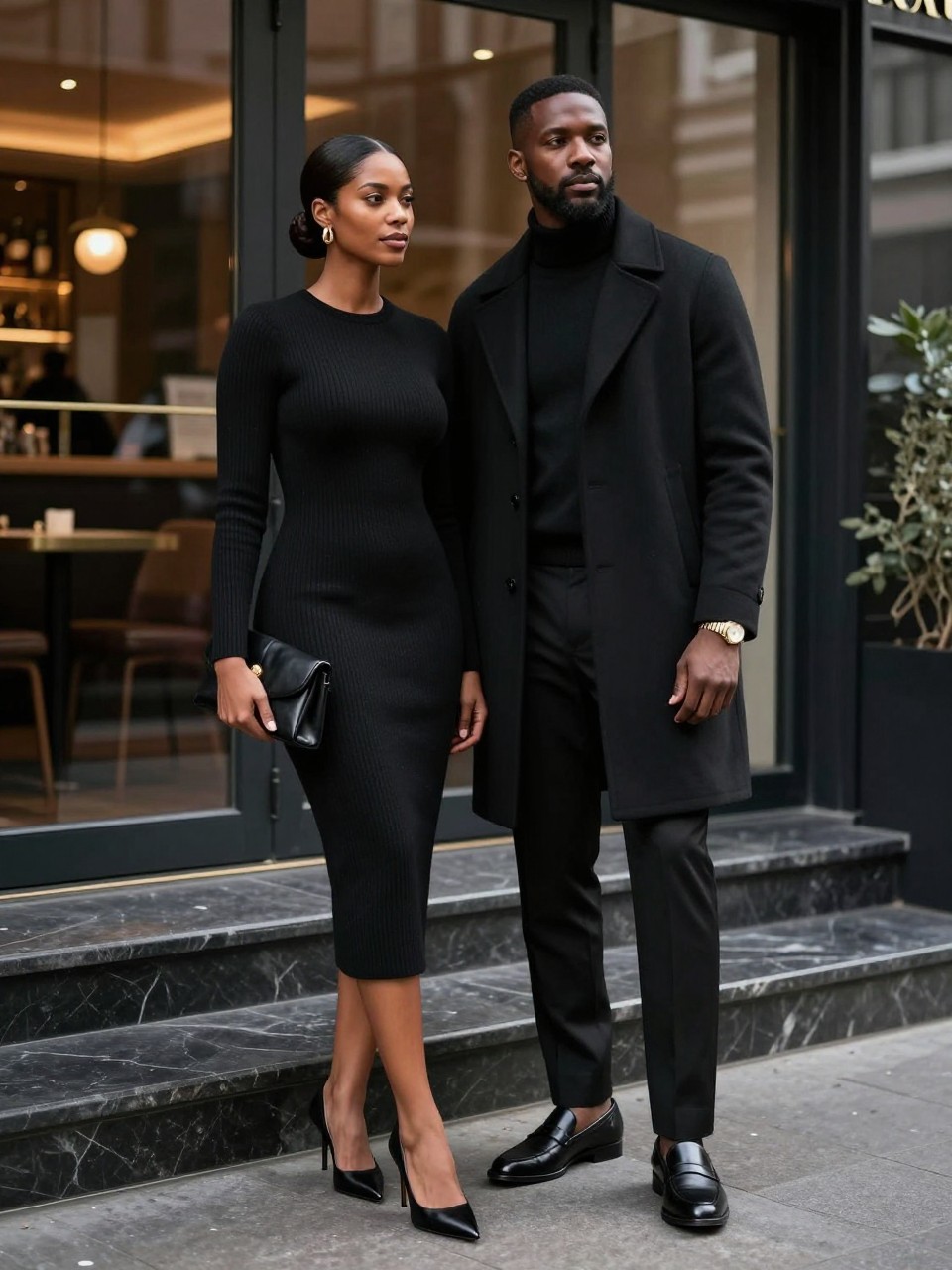 Image Prompt:
A sleek old money couple outfit featuring a Black couple standing outside a modern luxury restaurant at night with soft lights, dark glass, marble steps, and an elegant city mood. The woman wears a black fitted knit midi dress with black pointed heels, a small black leather clutch, gold hoop earrings, and a sleek low bun. The man wears a black cashmere turtleneck, black tailored trousers, black leather loafers, a black wool coat, and a slim gold watch. Both outfits should feel coordinated in all-black quiet luxury styling with refined textures and clean silhouettes. Realistic DSLR editorial fashion photo, full-body couple pose, elegant evening mood, no text, no watermark.