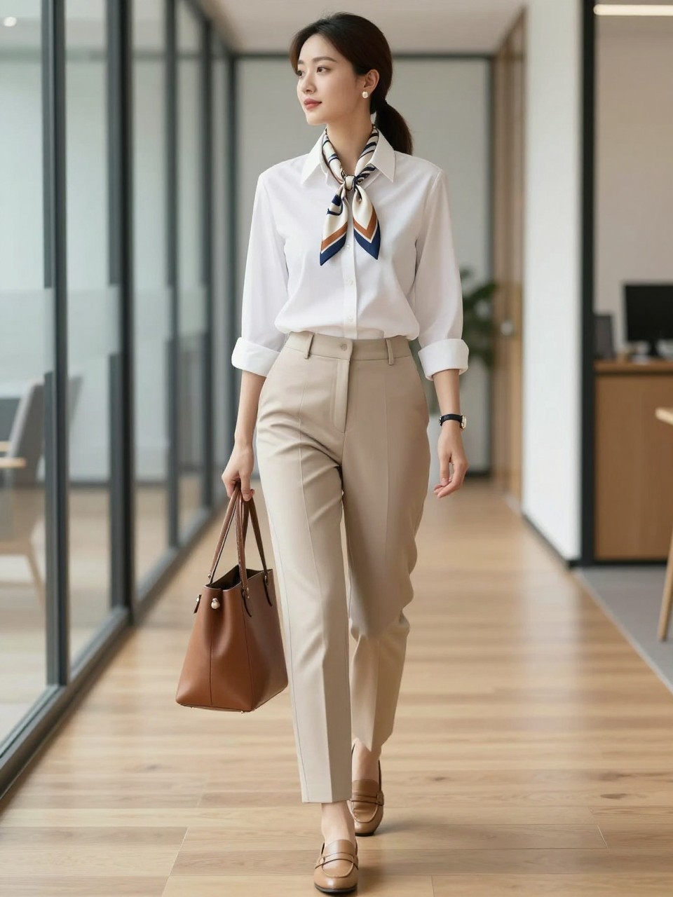 A graceful old money work outfit featuring a woman wearing a crisp white button-down shirt tucked into beige tailored trousers, with a silk scarf tied neatly at the neck in soft navy, cream, and tan tones. She wears tan loafers, a structured brown leather tote, pearl studs, a slim watch, and a polished low ponytail. She is walking through a bright office corridor with glass walls, warm wood floors, and soft daylight. Realistic editorial office fashion photo, classic scarf styling, refined professional outfit, no text, no watermark.