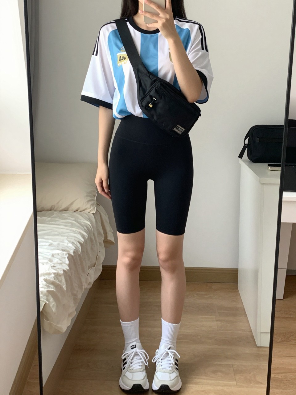mirror selfie of a woman wearing an oversized sky blue and white Argentina soccer jersey, black high-waisted biker shorts, white athletic sneakers, black nylon belt bag worn crossbody, and white crew socks, clearly showing the same clothing items, colors, fabrics, and accessories listed in the Outfit Pieces section, holding a phone in front of a mirror, cropped at NECK so the face does not show, with a relaxed casual selfie pose, in a cozy bedroom mirror setup, natural window light, including soft pillows on an unmade bed and a cosmetic bag on the counter, latest iPhone photo quality.