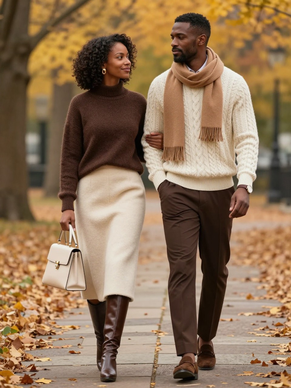 Image Prompt:
A stylish old money couple outfit featuring a Black couple walking through an autumn park with golden leaves, stone paths, and soft afternoon light. The woman wears a chocolate brown cashmere sweater tucked into a cream wool midi skirt, brown knee-high leather boots, a structured cream handbag, gold earrings, and soft curls. The man wears a cream cable-knit sweater, chocolate brown tailored trousers, brown suede loafers, a camel wool scarf, and a classic leather watch. Both outfits should feel warm, coordinated, elegant, and autumn old money inspired. Realistic DSLR fashion editorial photo, full-body couple pose, rich knit and wool textures, no text, no watermark.