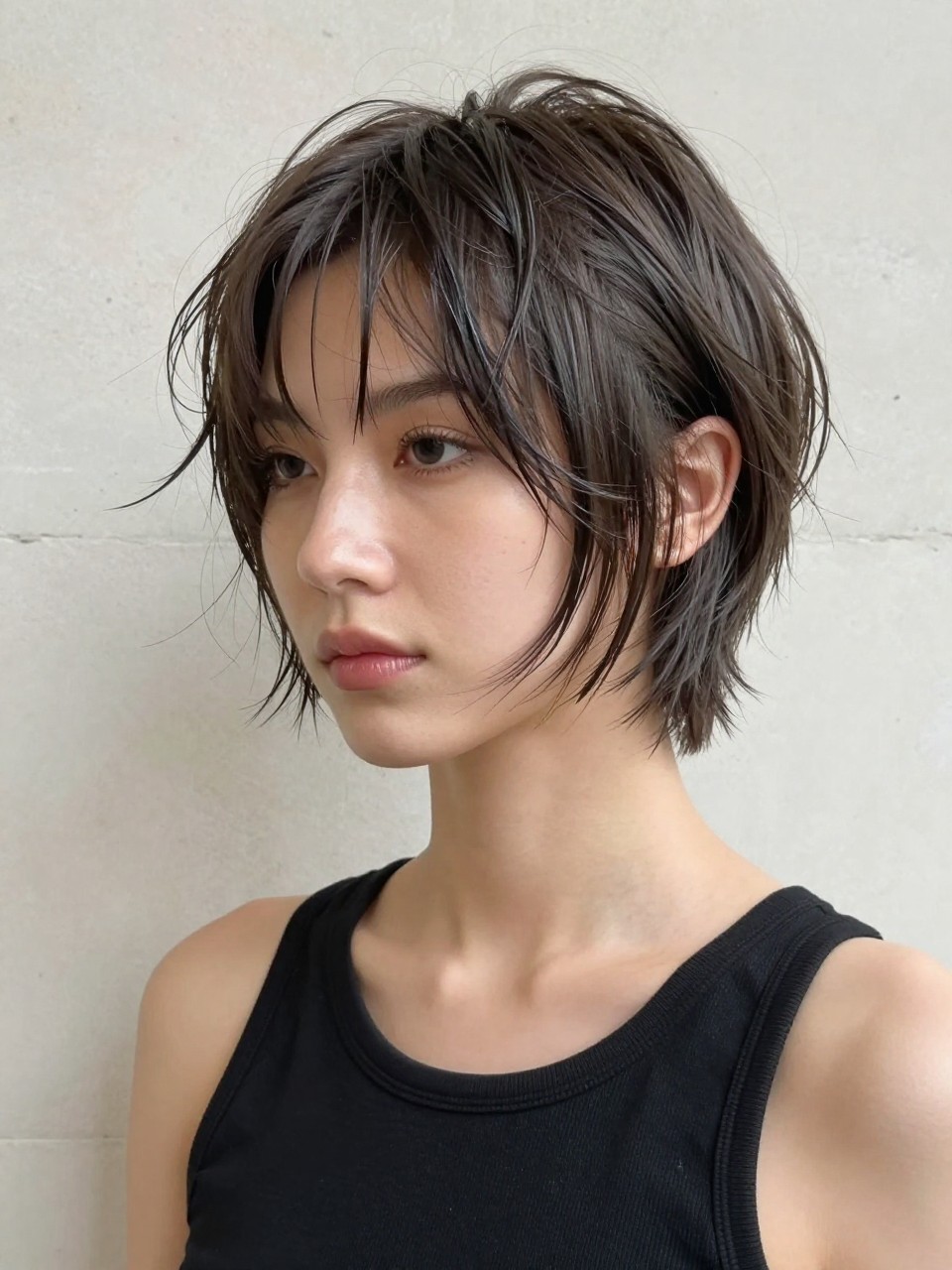 A realistic editorial portrait of a woman with fair skin wearing a textured bixie haircut with wet-look messy fringe, dark ash brown hair, short layered bixie shape with soft volume at the crown, fringe separated into damp-looking piecey sections across the forehead, lightly slicked side pieces, tapered nape, natural satin finish without looking greasy, black sleeveless top, silver ear cuff, photographed against a pale stone wall with soft studio lighting, visible skin texture, realistic hair product finish, modern fashion beauty photo.