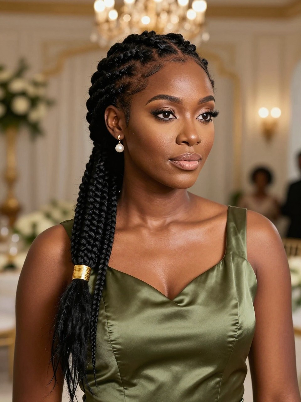 Image Prompt:
A realistic editorial portrait of a black woman with long knotless braids styled into a sleek low ponytail, braids gathered neatly and wrapped at the base with a gold hair cuff, a few front braids left softly framing the face, warm brown skin, pearl earrings, satin olive green wedding guest dress, luxury indoor wedding venue background, polished protective hairstyle inspiration, high-resolution DSLR photo, no text, (no watermarks on images)