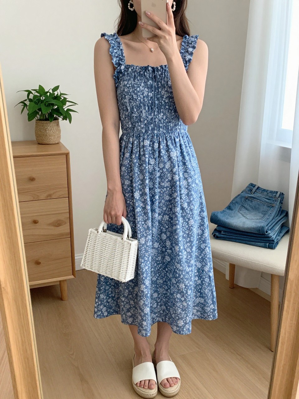 Image Prompt:
mirror selfie of a woman wearing a blue floral cotton sundress, white espadrille sandals, a small white rattan handbag, white pearl hoop earrings, and a loose half-up hairstyle, clearly showing the same clothing items, colors, fabrics, and accessories listed in the Outfit Pieces section, holding a phone in front of a mirror, cropped at NECK so the face does not show, with a relaxed casual selfie pose, in a feminine-themed bedroom, natural window light, with a small plant on a dresser and folded denim jeans on a bench, natural casual mirror selfie, not staged, latest iPhone photo quality.
