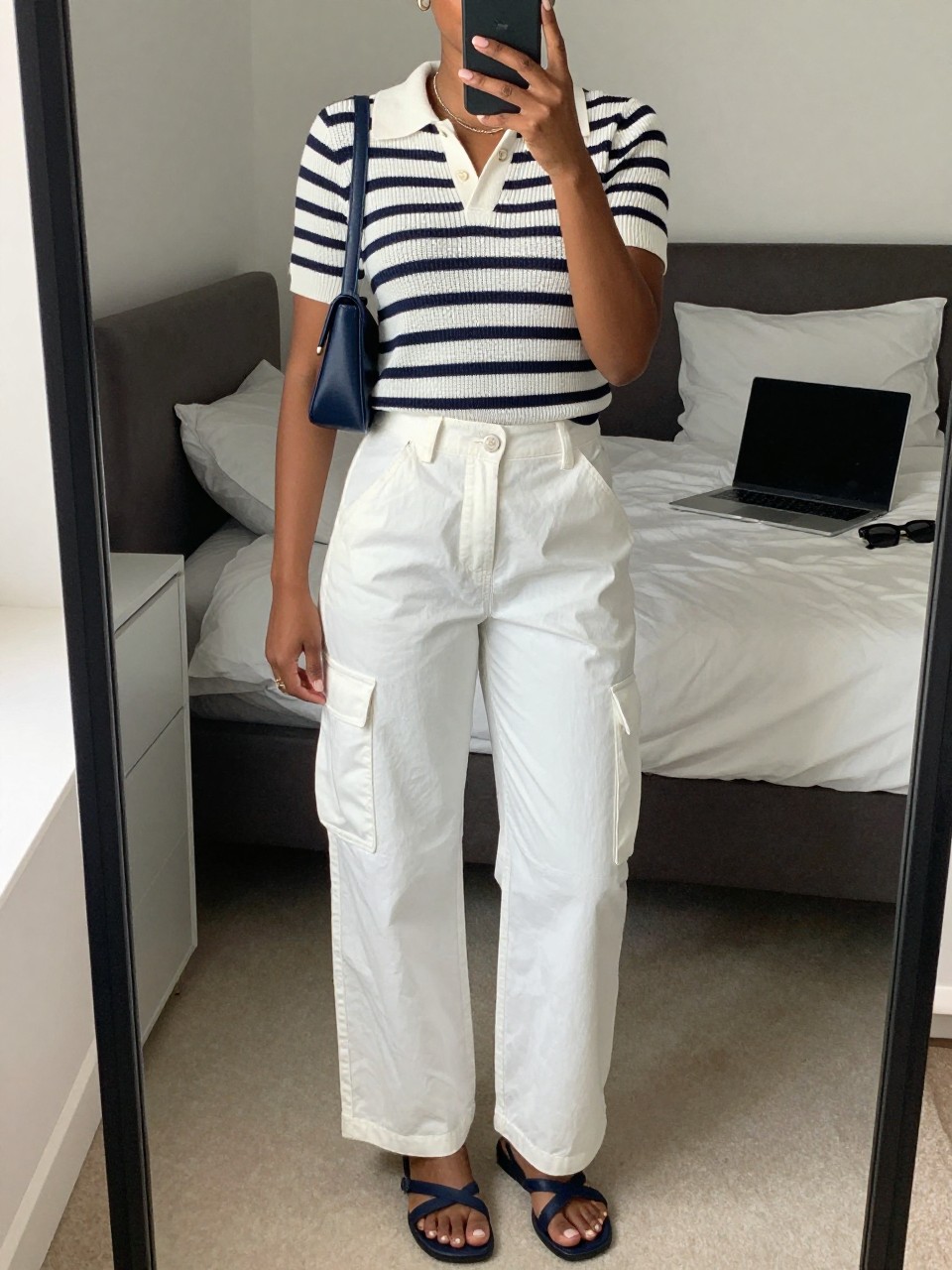 mirror selfie of a Black woman wearing white cargo pants, navy and white striped short-sleeve knit polo, navy flat sandals, navy mini shoulder bag, and small gold hoop earrings, clearly showing the same clothing items, colors, fabrics, and accessories listed in the Outfit Pieces section, holding a phone in front of a mirror, cropped at NECK so the face does not show, with a relaxed casual selfie pose, in a stylish city apartment, soft indoor lighting, including a laptop on the bed and sunglasses placed on a dresser, latest iPhone photo quality.