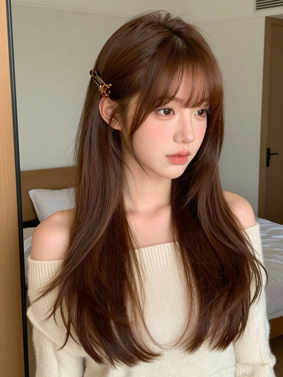 Image Prompt:
A realistic beauty photo of a woman with long chestnut brown hair and curtain bangs styled half up half down with a tortoiseshell claw clip, bangs parted softly and framing the cheeks, top section clipped at the crown, loose soft bends through the lower hair, cream off-shoulder sweater, warm bedroom mirror setting, natural light, feminine modern hairstyle inspiration, DSLR quality, no text, (no watermarks on images)
