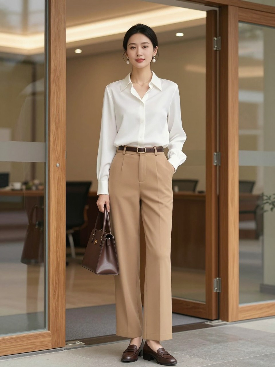 A polished old money work outfit featuring a woman wearing a white silk blouse with a soft collar tucked into camel wide-leg trousers, brown heeled loafers, a structured chocolate brown handbag, pearl drop earrings, a slim leather belt, and a smooth low bun. She is standing beside a conference room entrance with glass walls, warm wood details, and soft office lighting. Realistic editorial fashion photo, elegant neutral business outfit, full-body workwear styling, no text, no watermark.