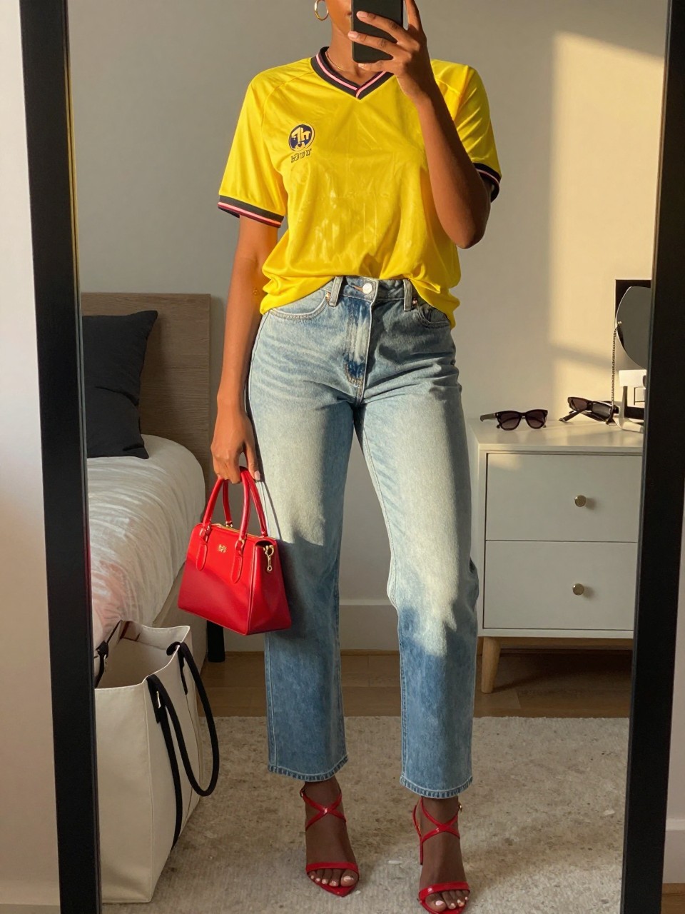 mirror selfie of a Black woman wearing a yellow soccer jersey tucked into light wash straight-leg jeans, red strappy high heels, red mini handbag, and gold hoop earrings, clearly showing the same clothing items, colors, fabrics, and accessories listed in the Outfit Pieces section, holding a phone in front of a mirror, cropped at NECK so the face does not show, with a relaxed casual selfie pose, in a feminine-themed bedroom, evening golden hour, including a tote bag resting on the floor and sunglasses placed on a dresser, latest iPhone photo quality.