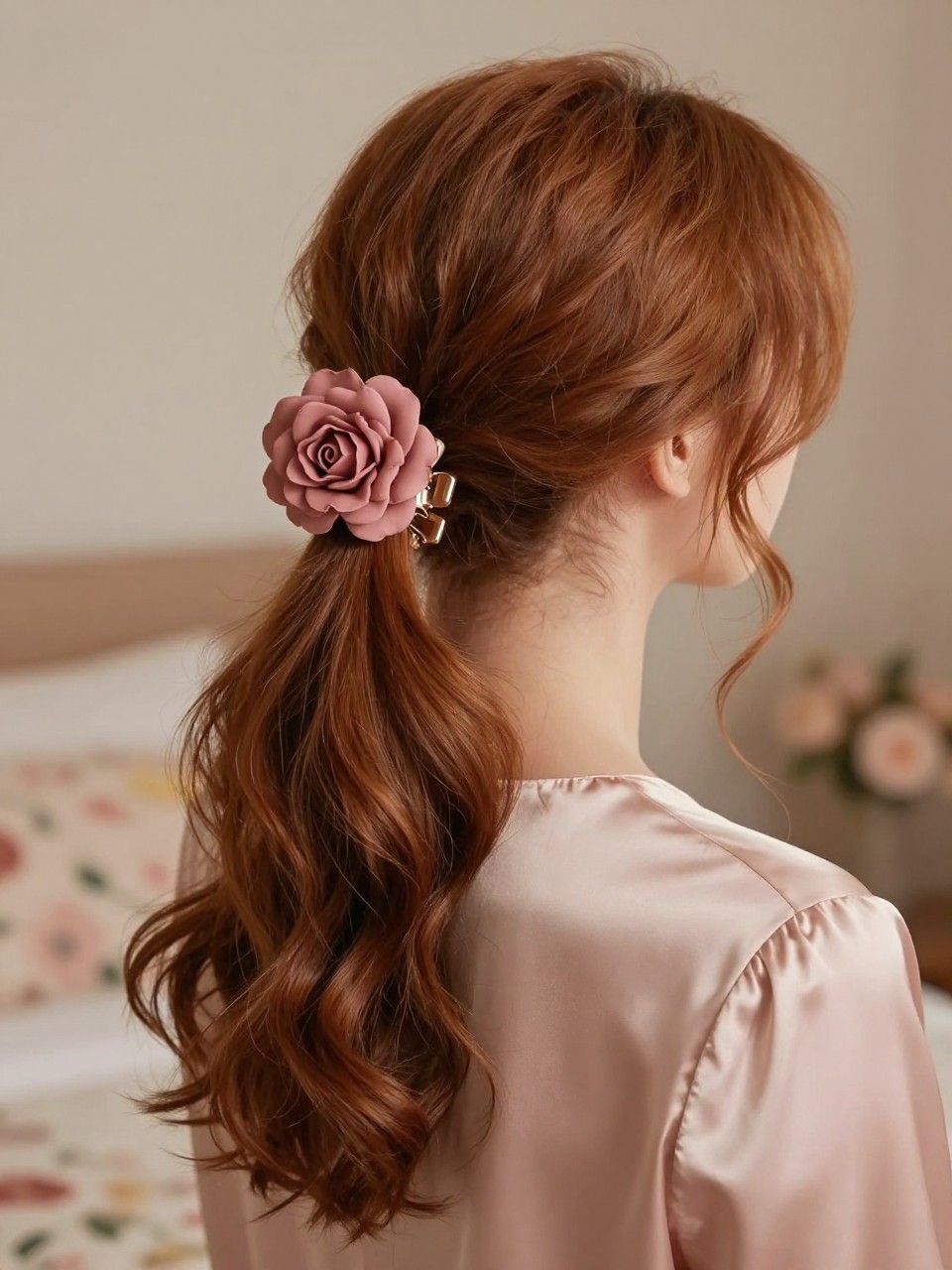 Image Prompt:
A realistic hairstyle photo of a woman with long auburn hair styled into a soft ponytail fold secured with a large dusty rose flower claw clip, hair gathered low then folded upward, curled ends spilling softly over the clip, loose tendrils around the face, blush satin blouse, softly blurred floral bedroom background, warm glowy light, romantic hairstyle inspiration, DSLR quality, no text, (no watermarks on images)