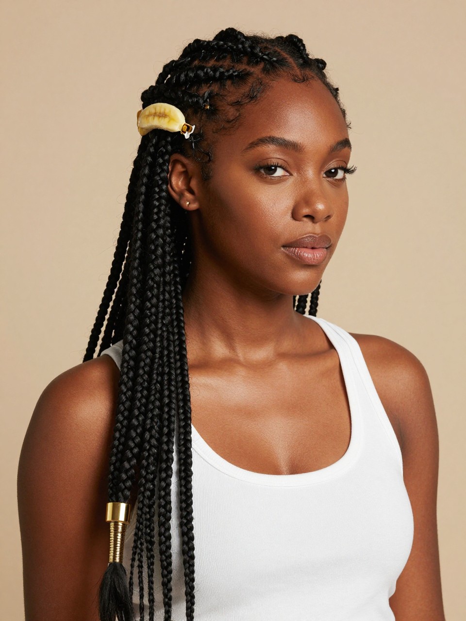 Image Prompt:
A realistic editorial portrait of a black woman with long knotless box braids styled half-up half-down using a clear banana clip, top braids gathered at the crown, lower braids flowing over the shoulders, gold braid cuffs, white tank top, warm studio lighting, modern protective hairstyle inspiration, high-resolution DSLR photo, no text, (no watermarks on images)